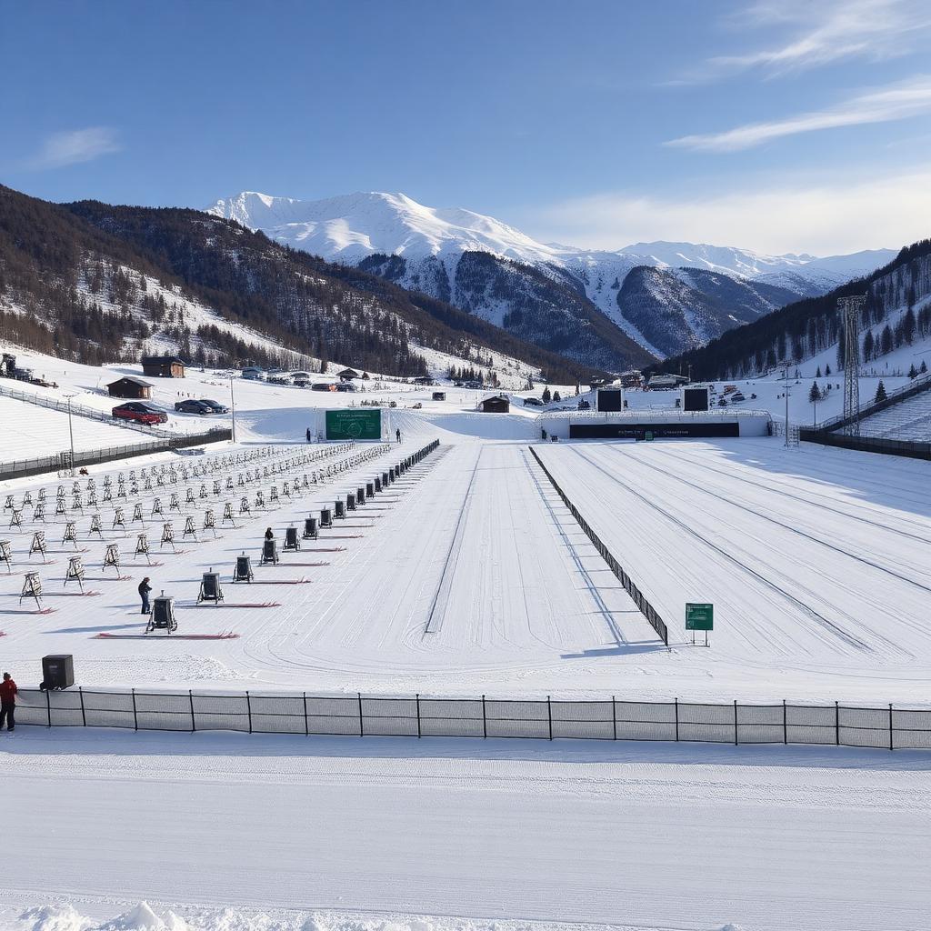 Biathlon shooting range and cross-country stadium in an alpine valley