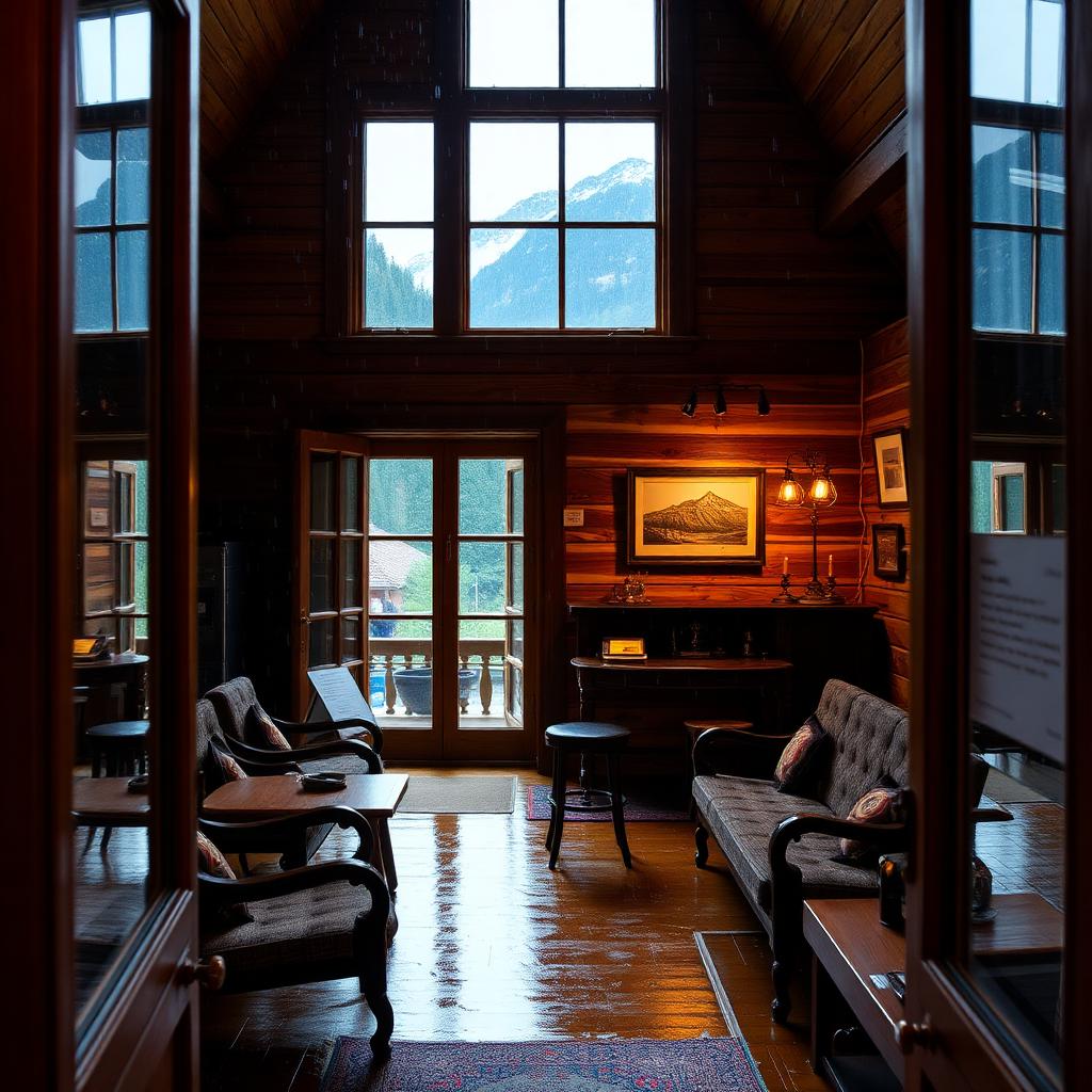 Warm wooden interior of an alpine museum in Cortina on a rainy day with mountains through the window