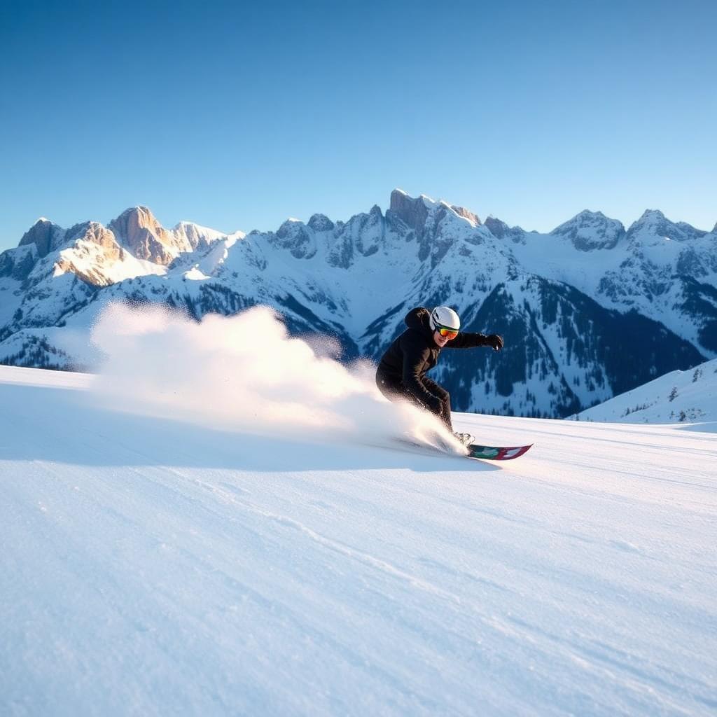 Snowboarder carving a powder turn on a Cortina piste with Dolomites peaks behind